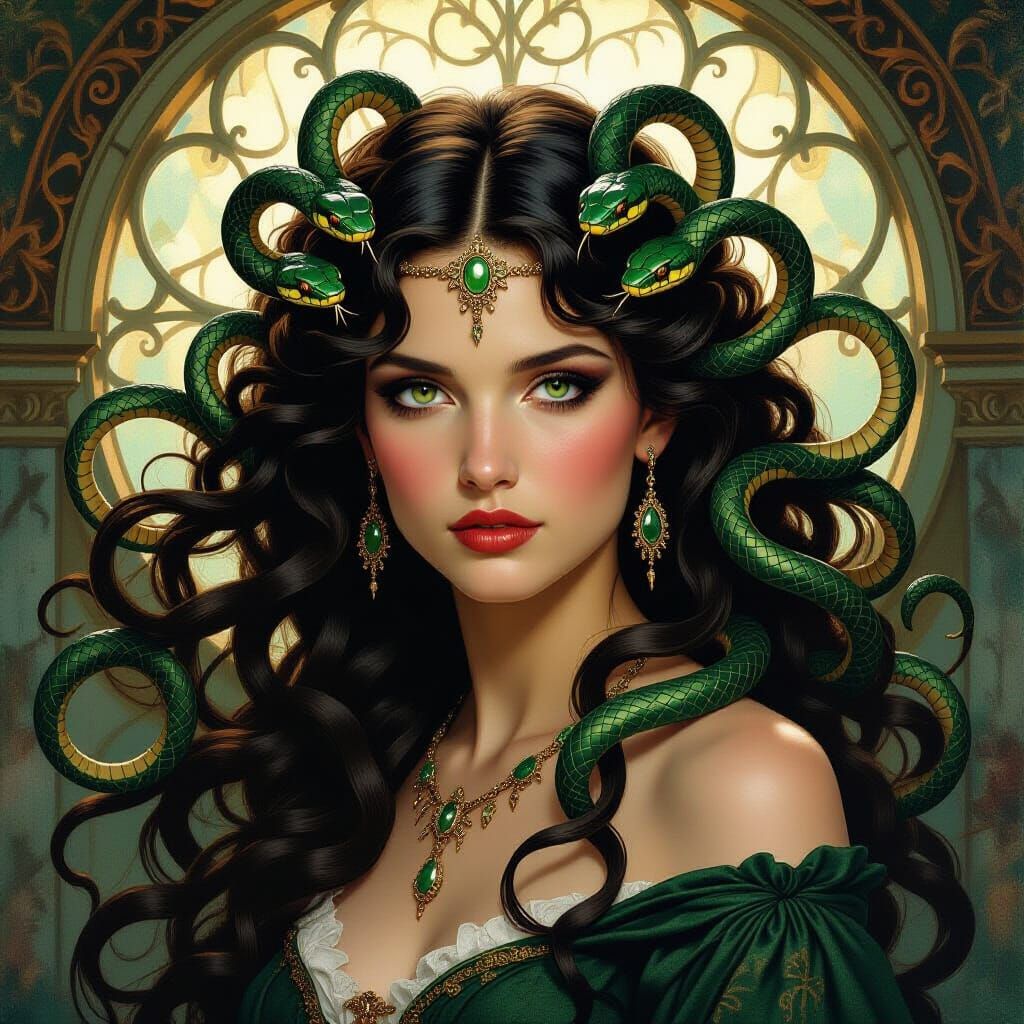Alluring Medusa with Snakes in Hair, Pre-Raphaelite Style