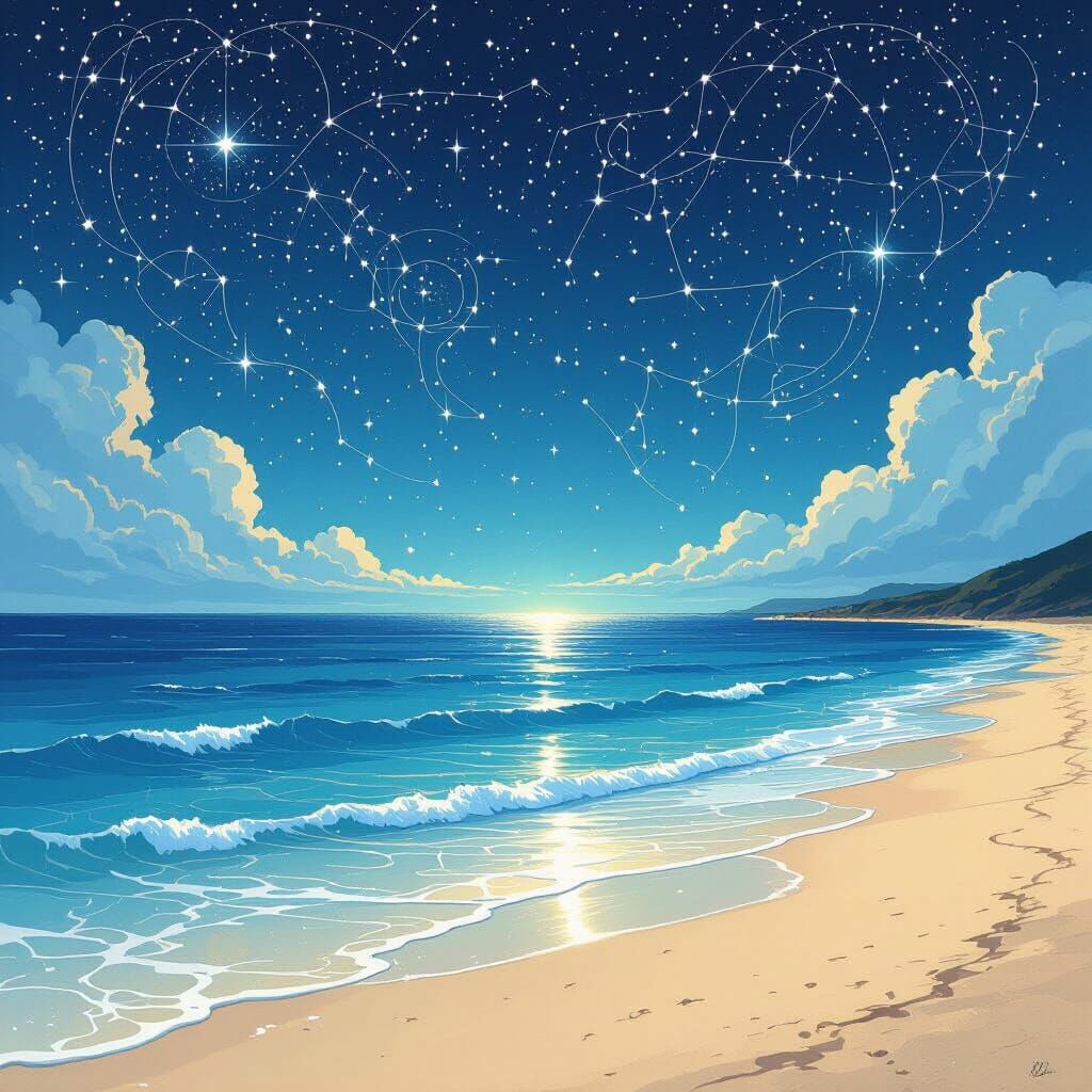 Ethereal Seaside Under Swirling Constellations