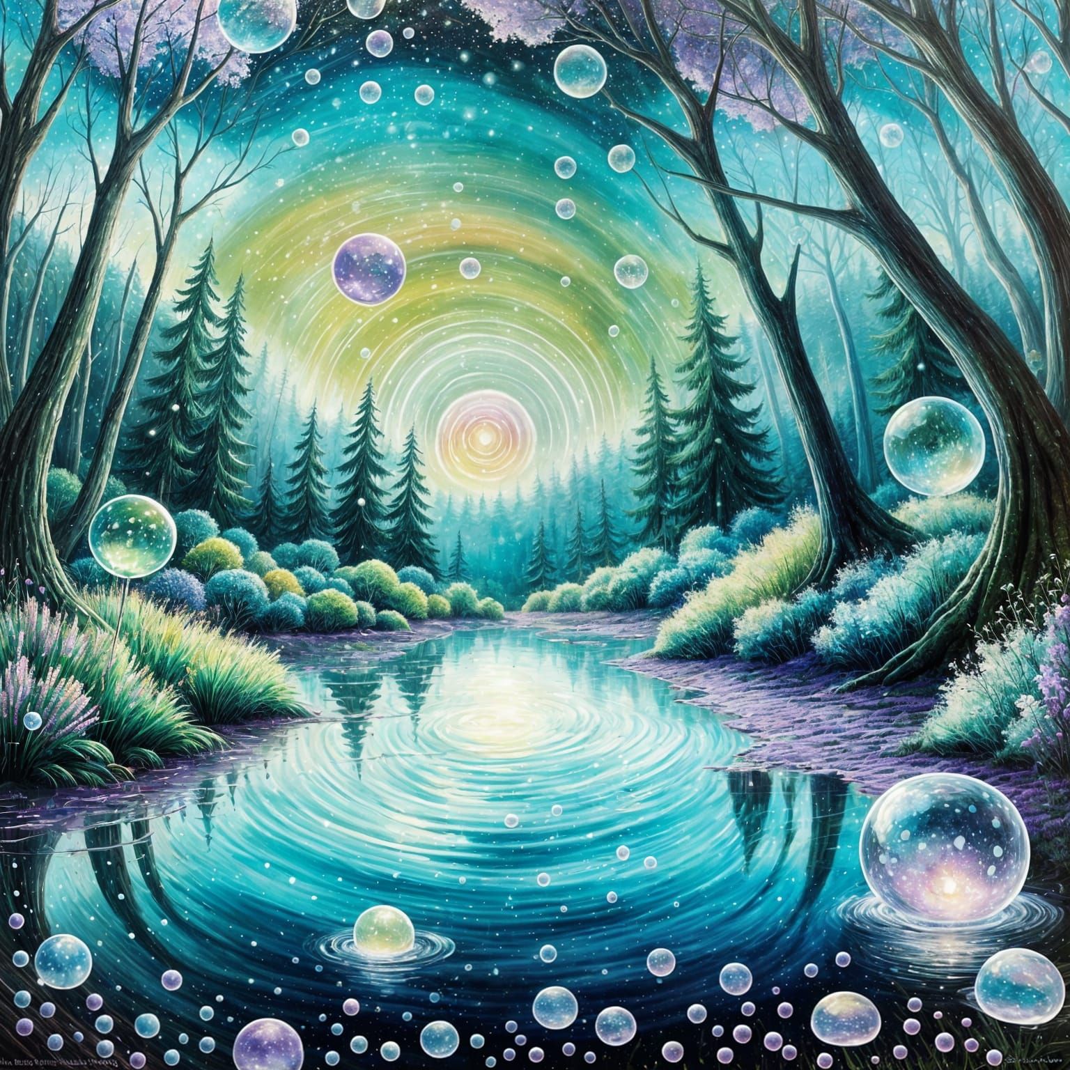 Lavender Forest with Galaxy Sky, Ethereal Fantasy Art