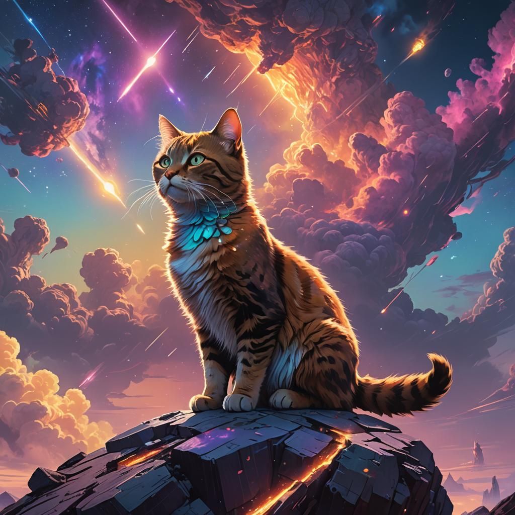 Cosmic Cat on Asteroid in Fantasy Style