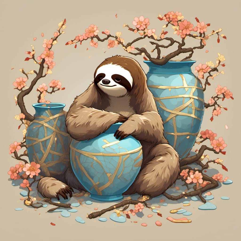 Cartoon Sloth Repairs Vase with Kintsugi Method