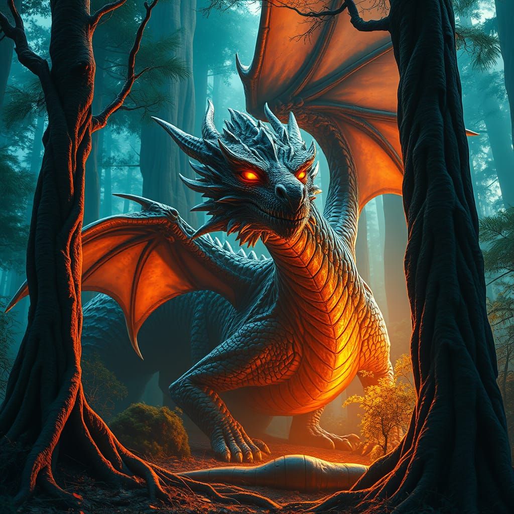 Ancient Dragon Hides Among Towering Trees in Vibrant, Triadi...