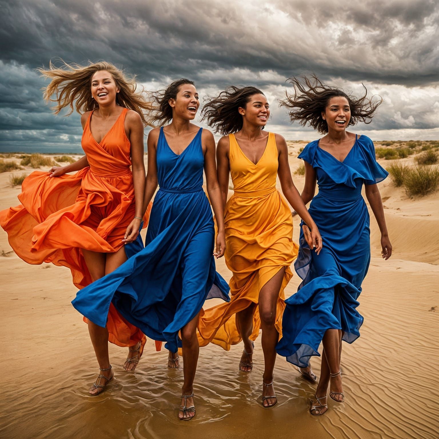 Women in Mini Dresses Pose on Windy Beach