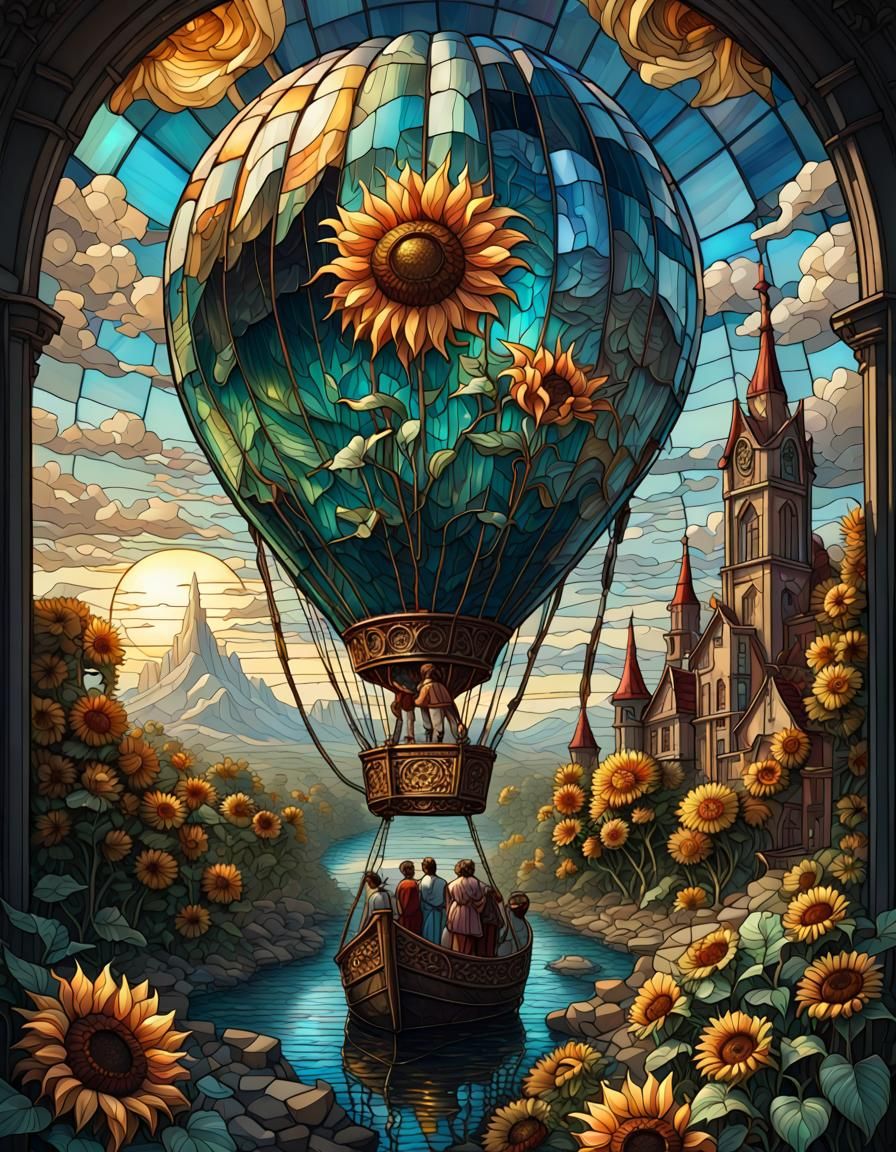 Stained Glass Hot Air Balloon in Digital Art Style