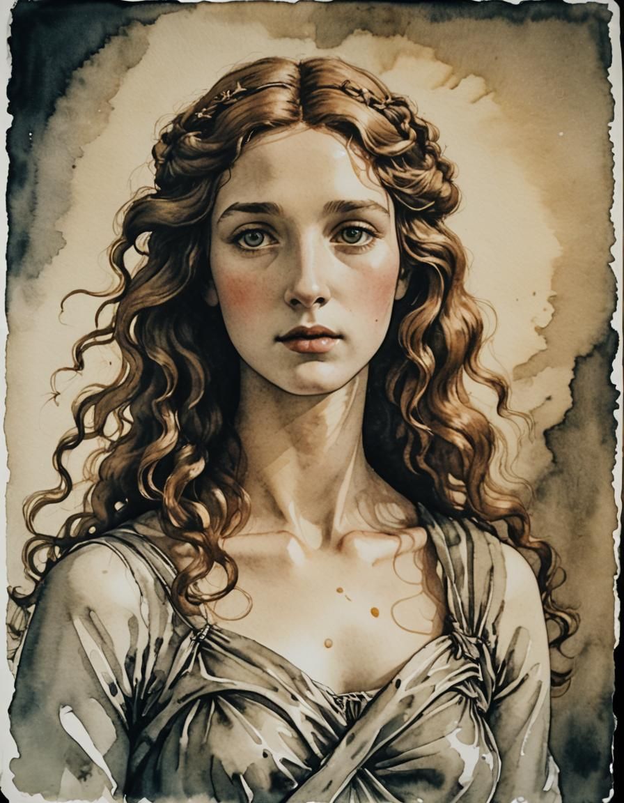 Botticelli's Venus in Black Ink Watercolor