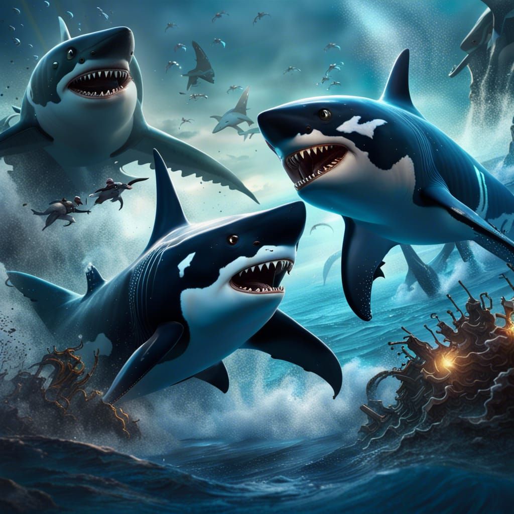 Epic Battle: Sharks Versus Orcas in Fantasy Art