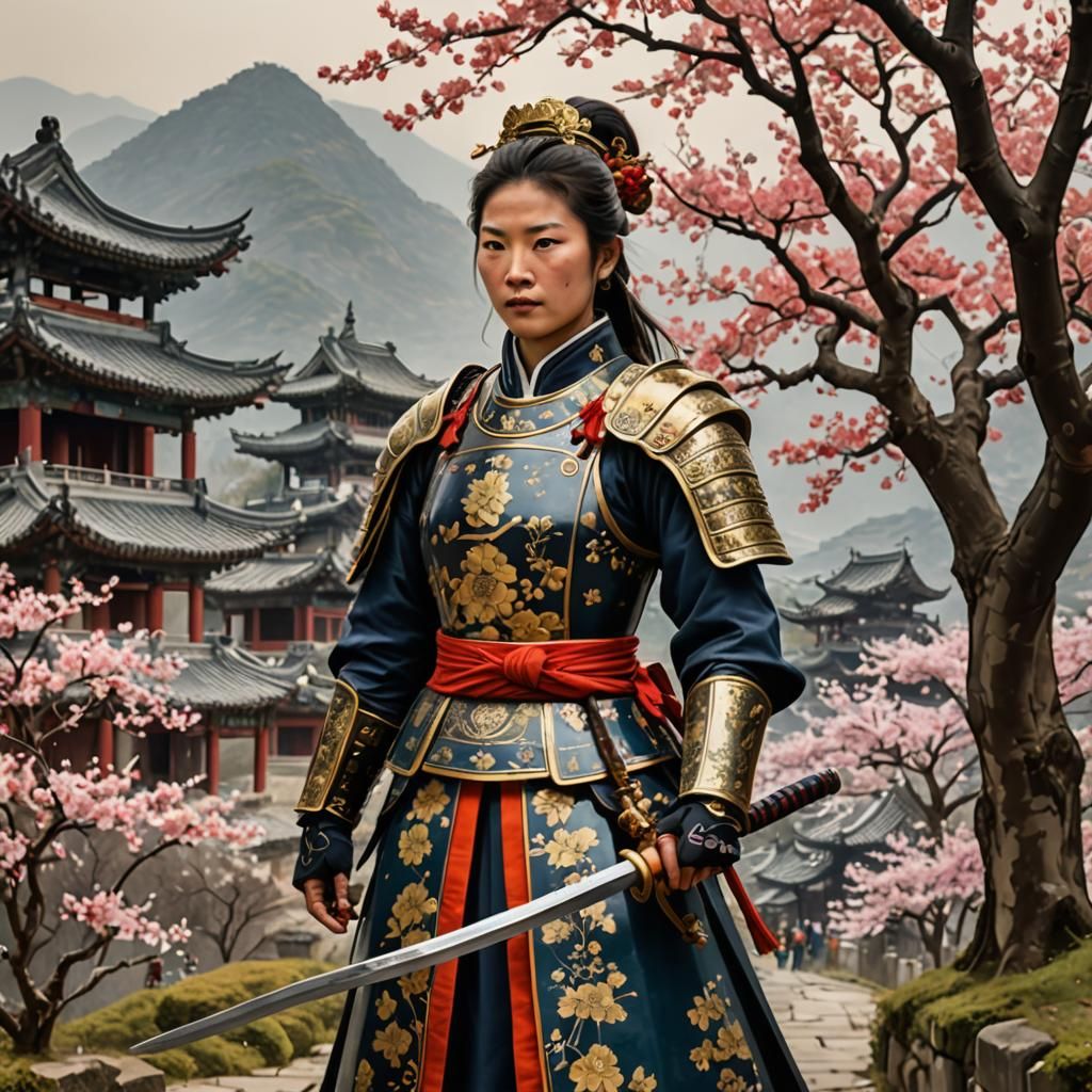 Beautiful Samurai Woman in Ancient China Landscape