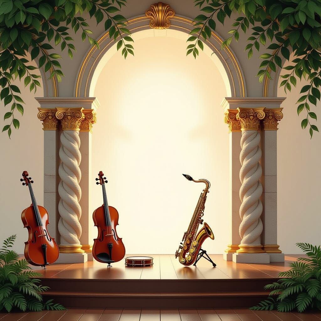 Elegant Stone Arch with Musical Instruments Digital Art