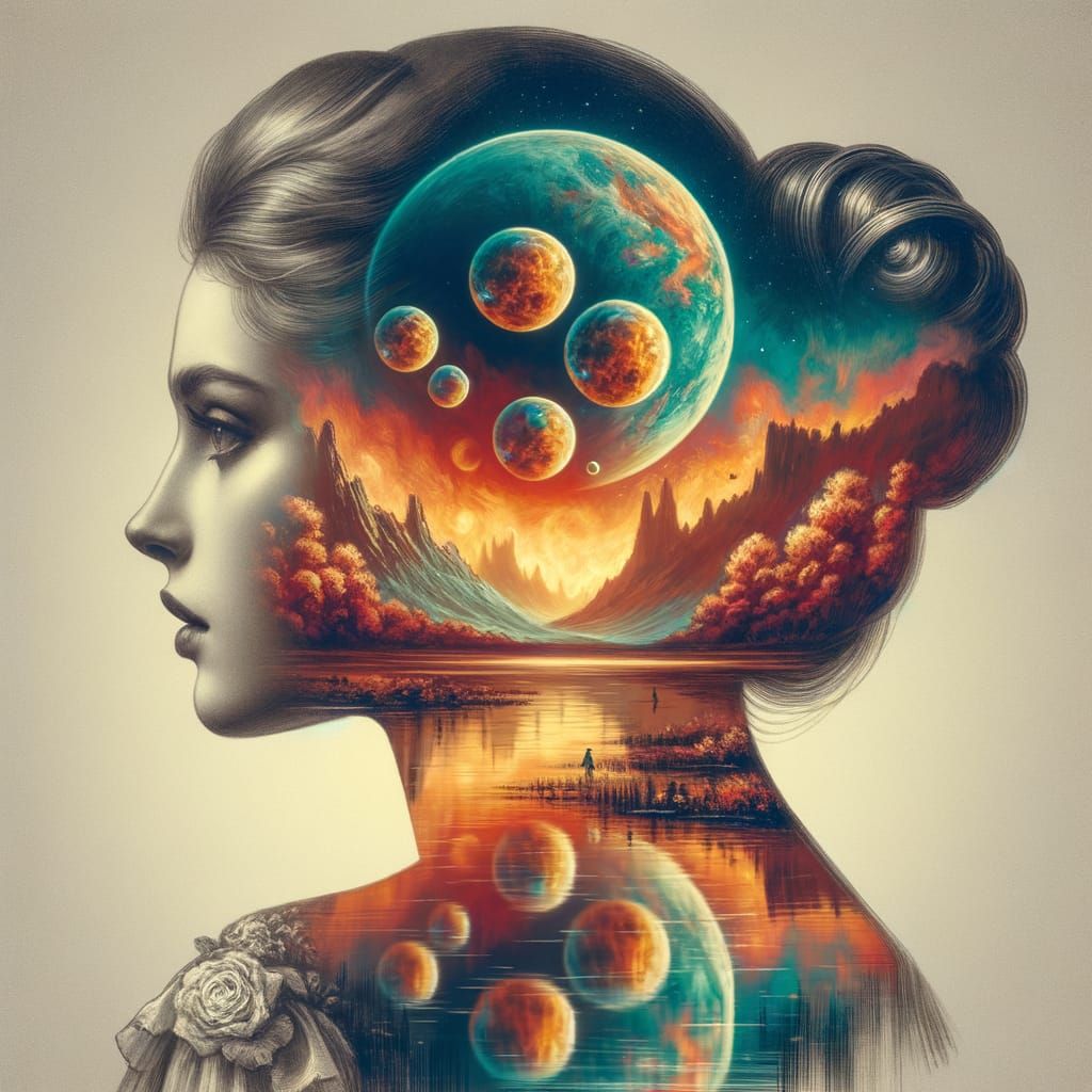 Surreal Double Exposure: Woman and Alien Landscape