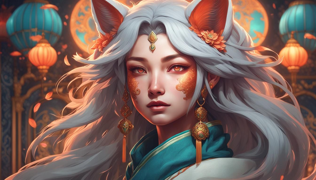 Curvy Kitsune Portrait in Hyperdetailed Style