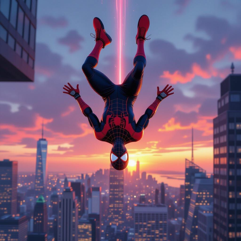 Spider-Man Falling Through Futuristic NYC Skyline