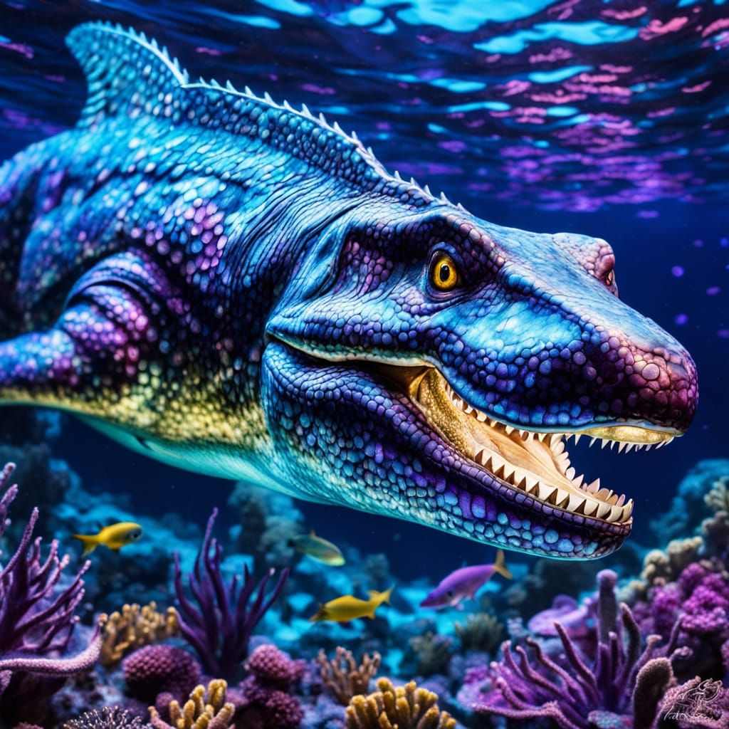 Huge monstrous mosasouras very detailed vibrant shimmering under bioluminescent ocean water