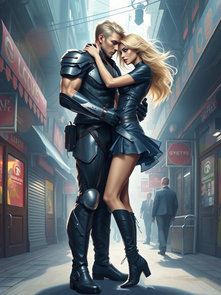 A realistic illustration depicting a blonde in a miniskirt, ...