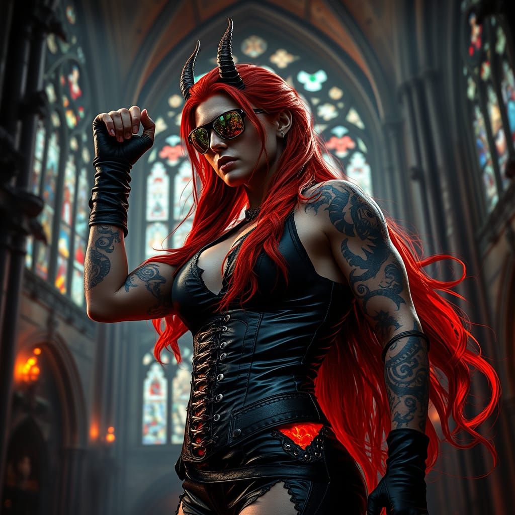 Demonic Female Wrestler in Ruined Cathedral