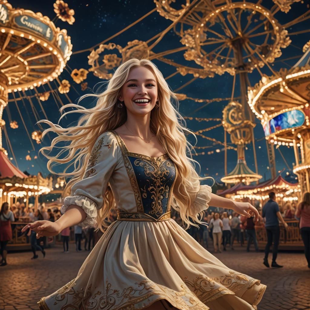 Blonde Girl Dancing at Night: Detailed Matte Painting