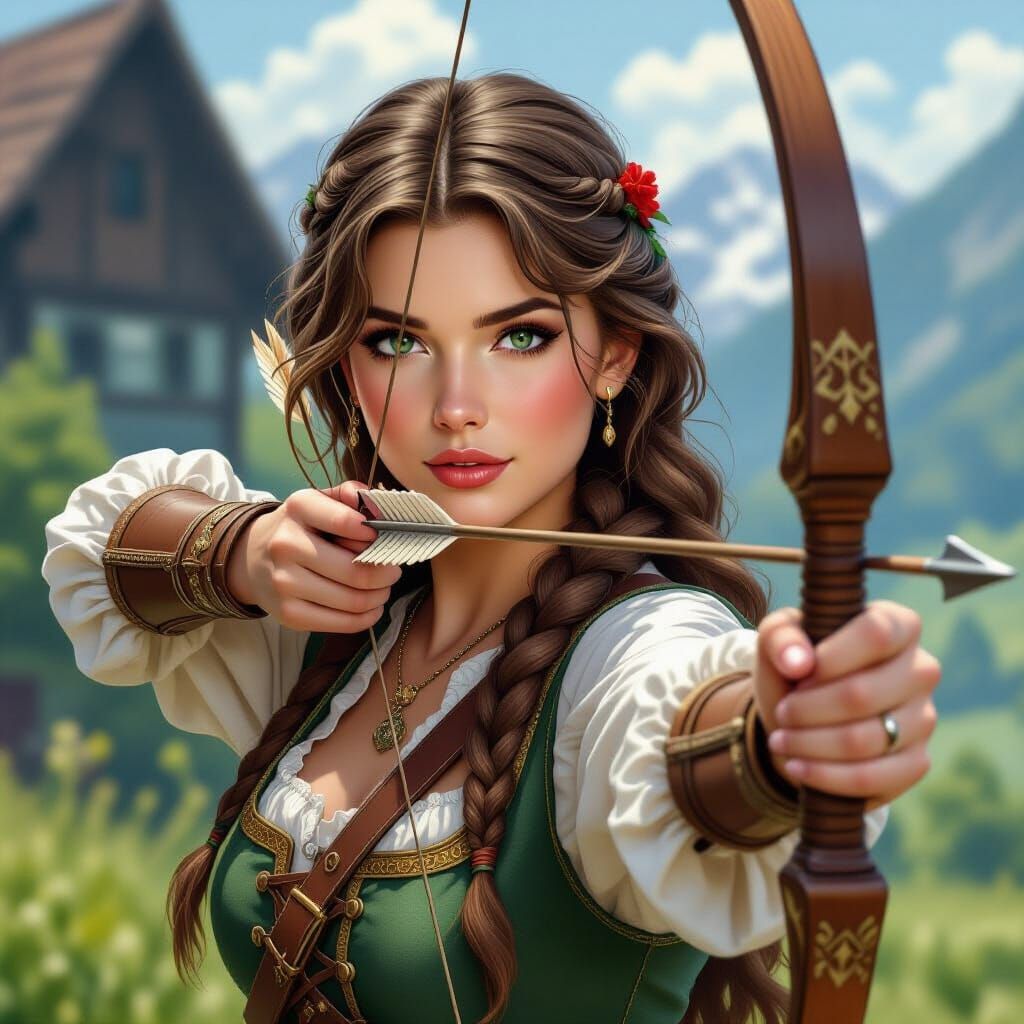 Wilhelmina Tell with Mechanical Crossbow: Colored Pencil Art