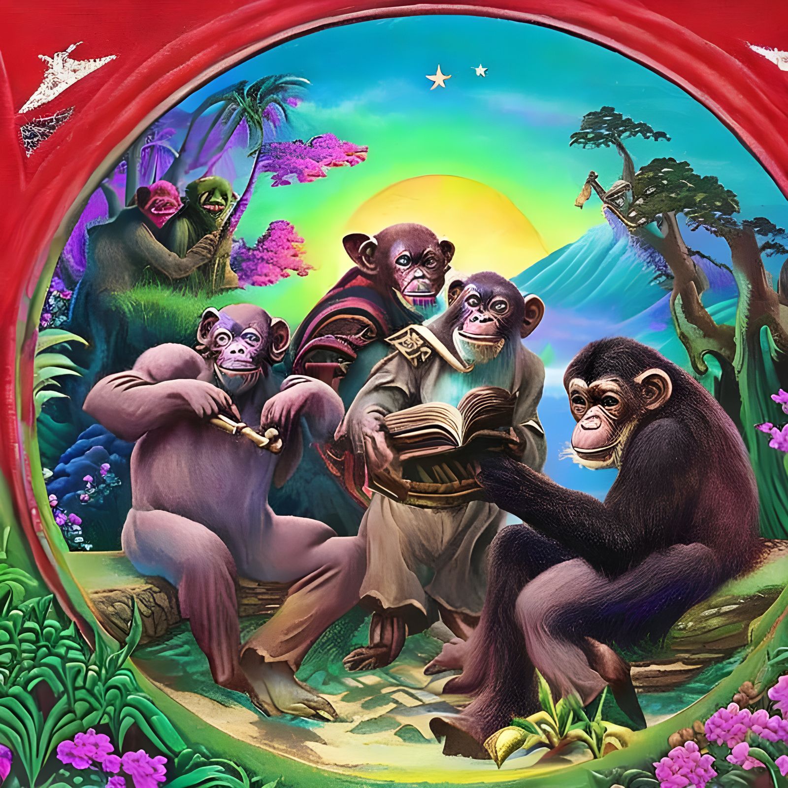 Chimpanzee Hobbit and Wizard in Fantasy Wonderland