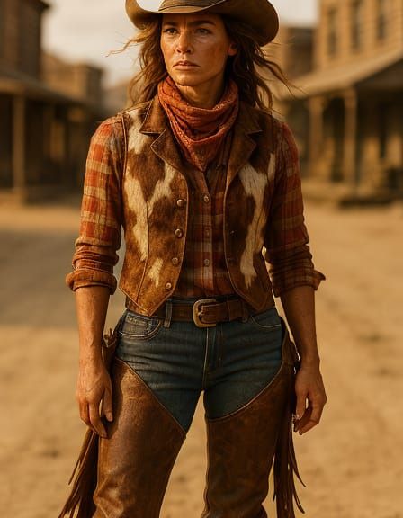 Cowgirl in Denim: A Vibrant Western Oil Painting