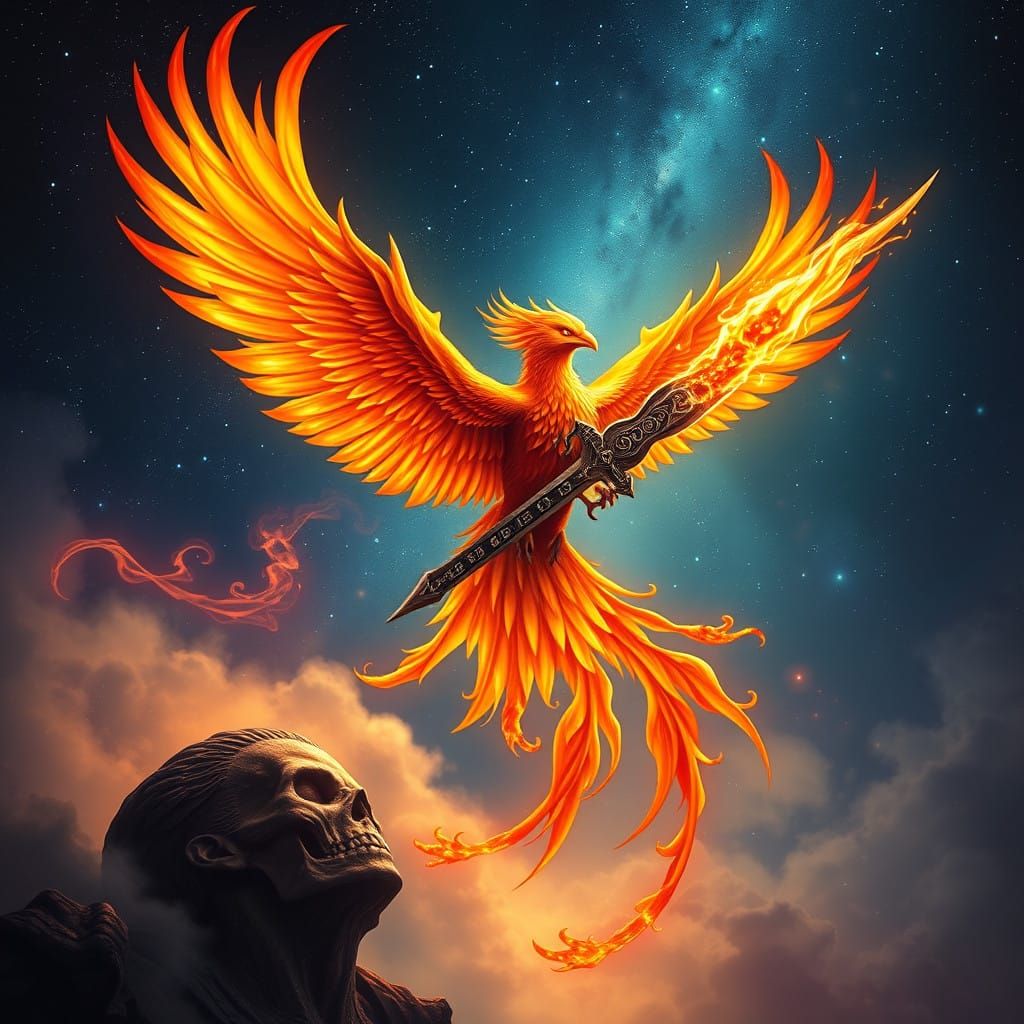 Infernal Phoenix Ascends with Flaming Diabolical Sword in Cy...