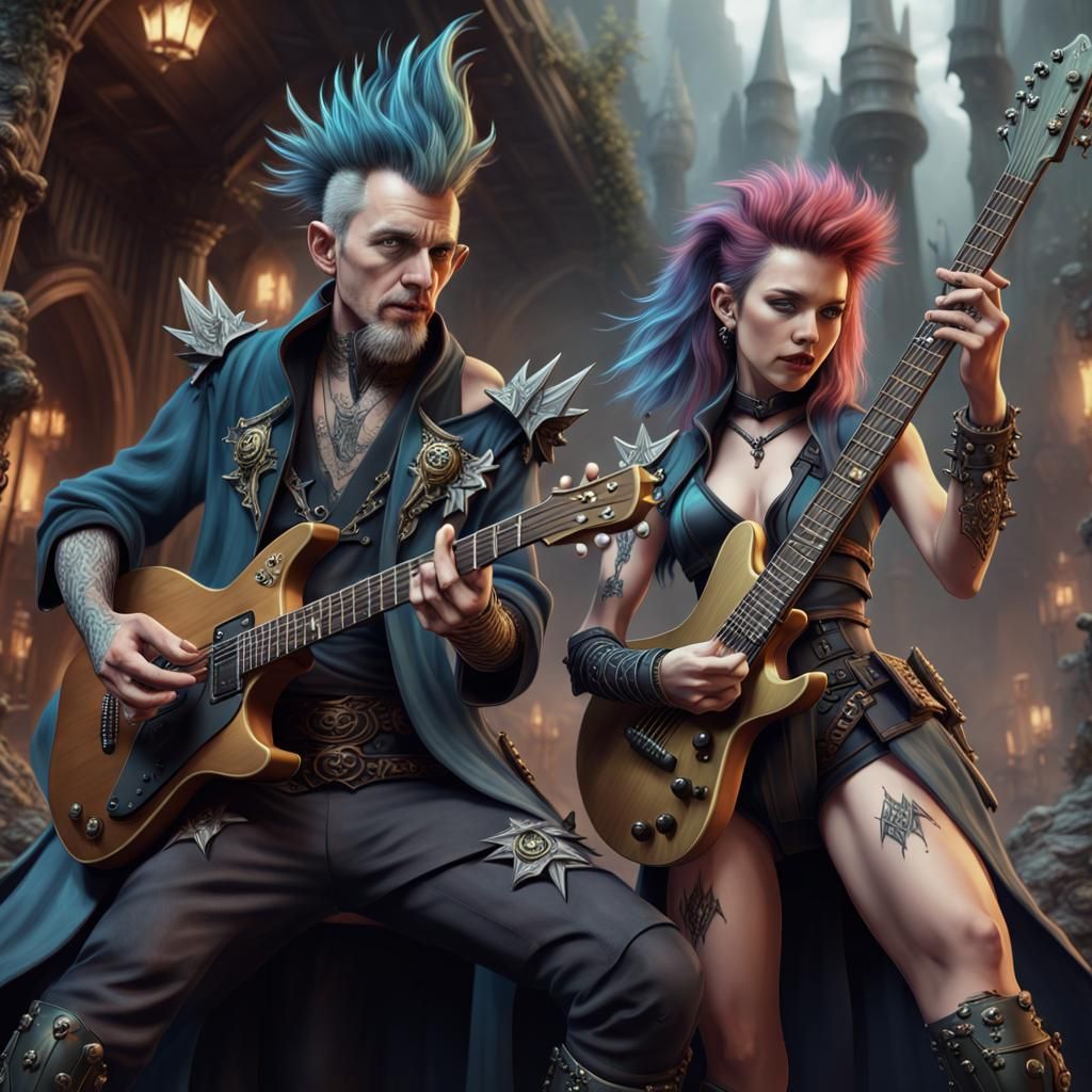 Punk Rock Wizards Playing Guitar in Detailed Fantasy Art