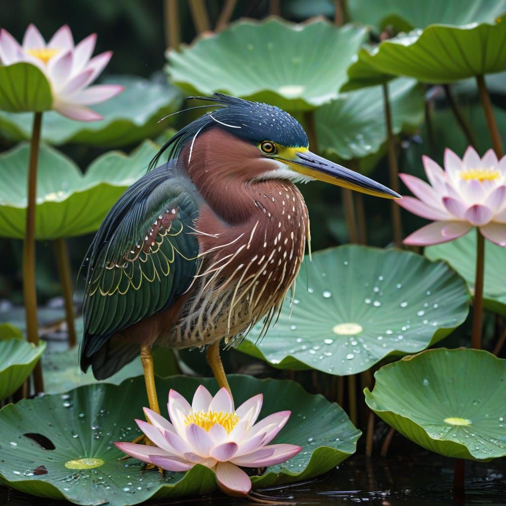 Green Heron Nestled Among Sparkling Lotus Flowers