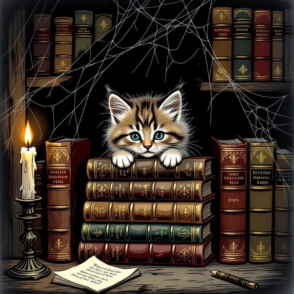 Fluffy Kitten in Dusty Study with Ancient Books