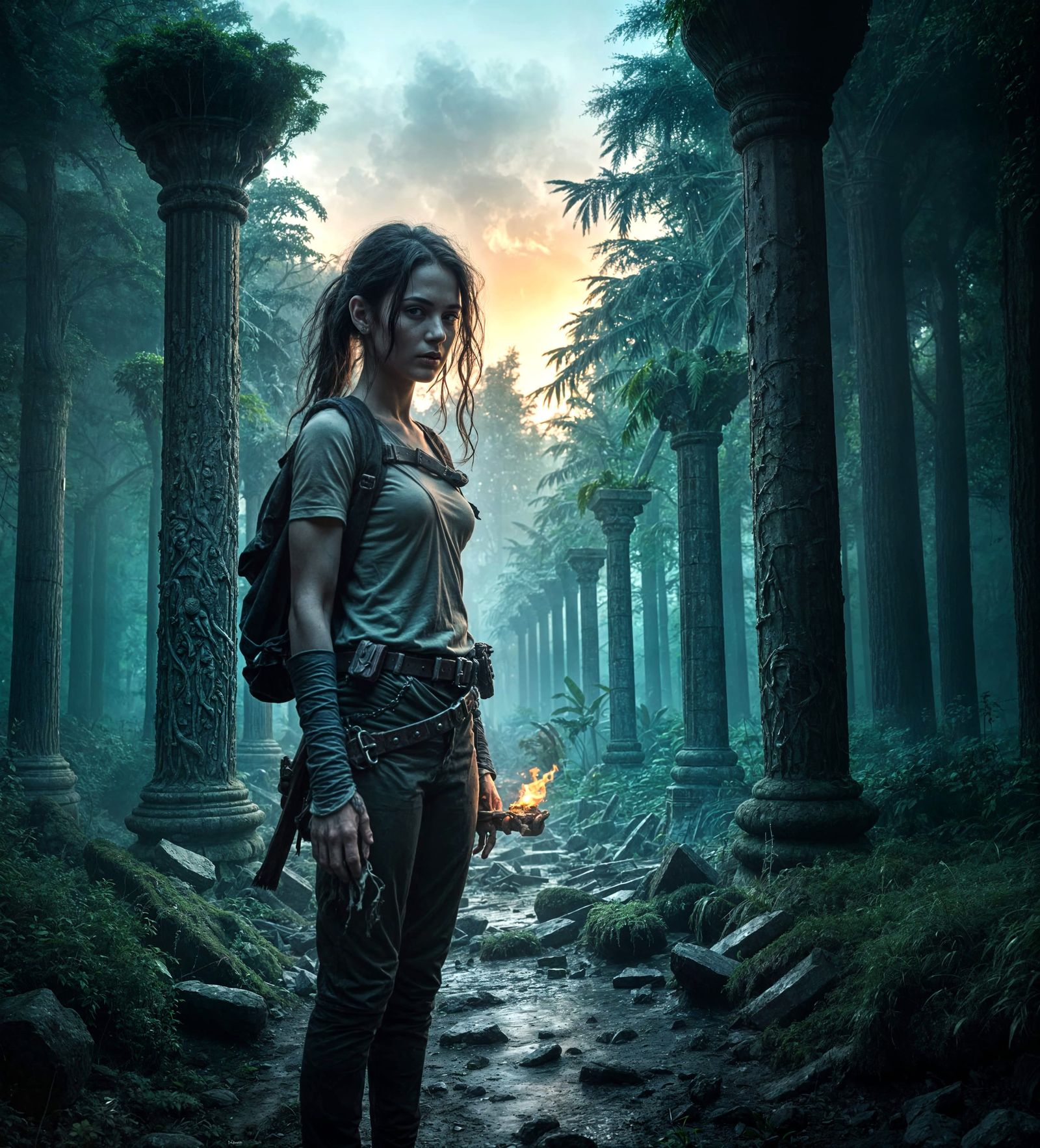 Eerie Jungle Ruins at Dusk: Cinematic Still