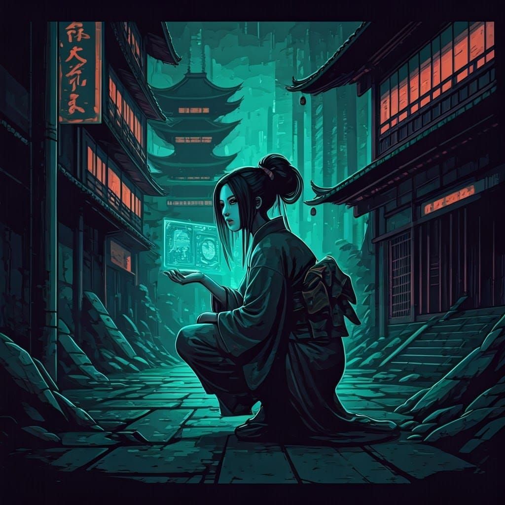Cyberpunk Hacker in Ukiyo-e Cityscape