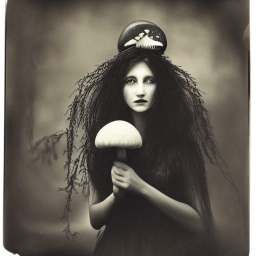 Mushroom Witch Portrait in Wet Plate Style