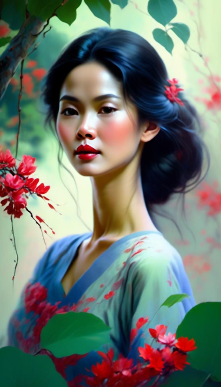 Elegant Woman with Red Flowers in Vietnamese Style
