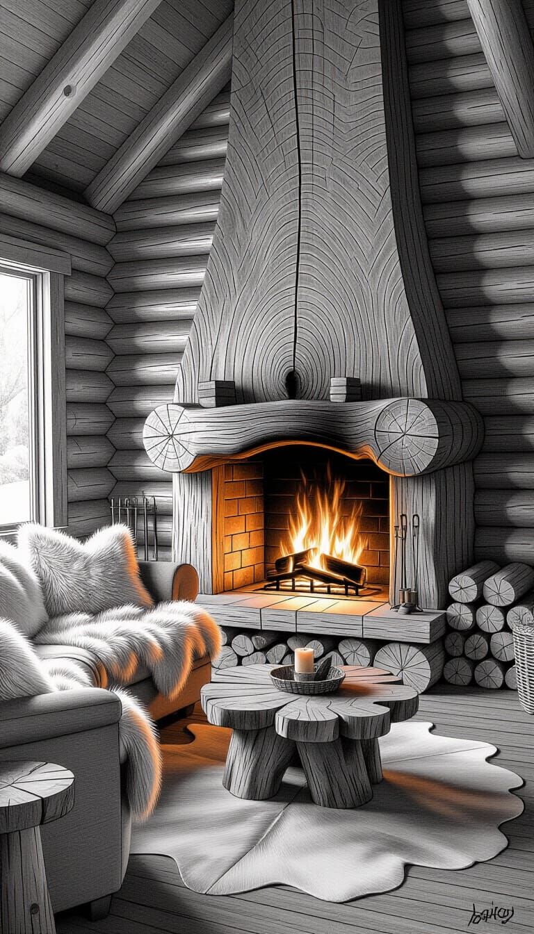 Rustic Log Cabin Interior in Detailed Graphite Art