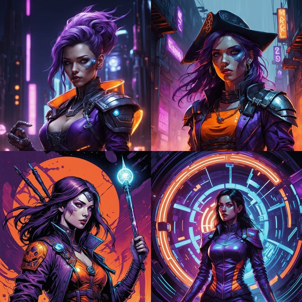 Cyberpunk Sorceress Pirate in Vibrant Purple Orange Outfit