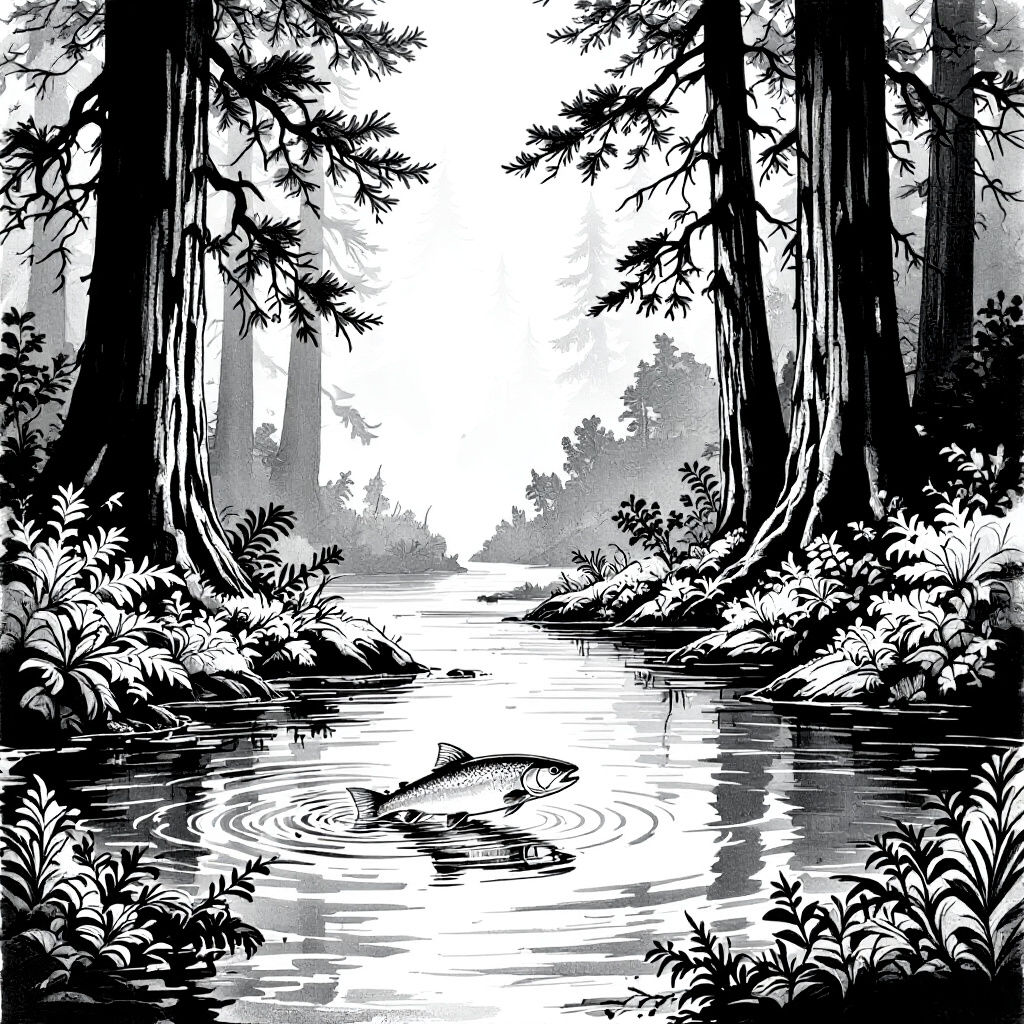 Redwood Forest River Landscape in Pen Style