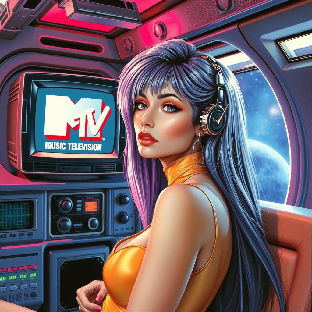 Retro Cyberpunk Robotic Woman in Spaceship Lounge