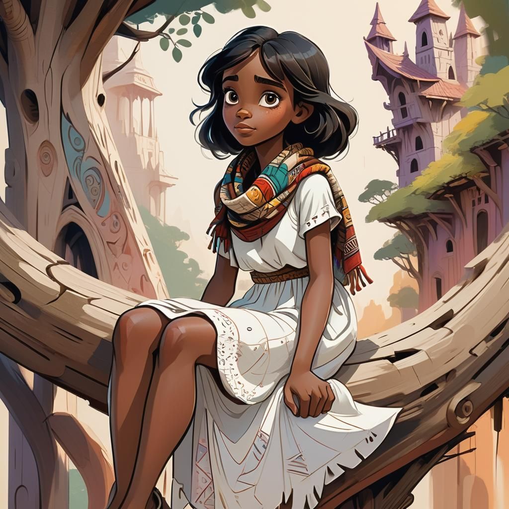 Disney-Inspired Girl in Treetop Dwelling Illustration