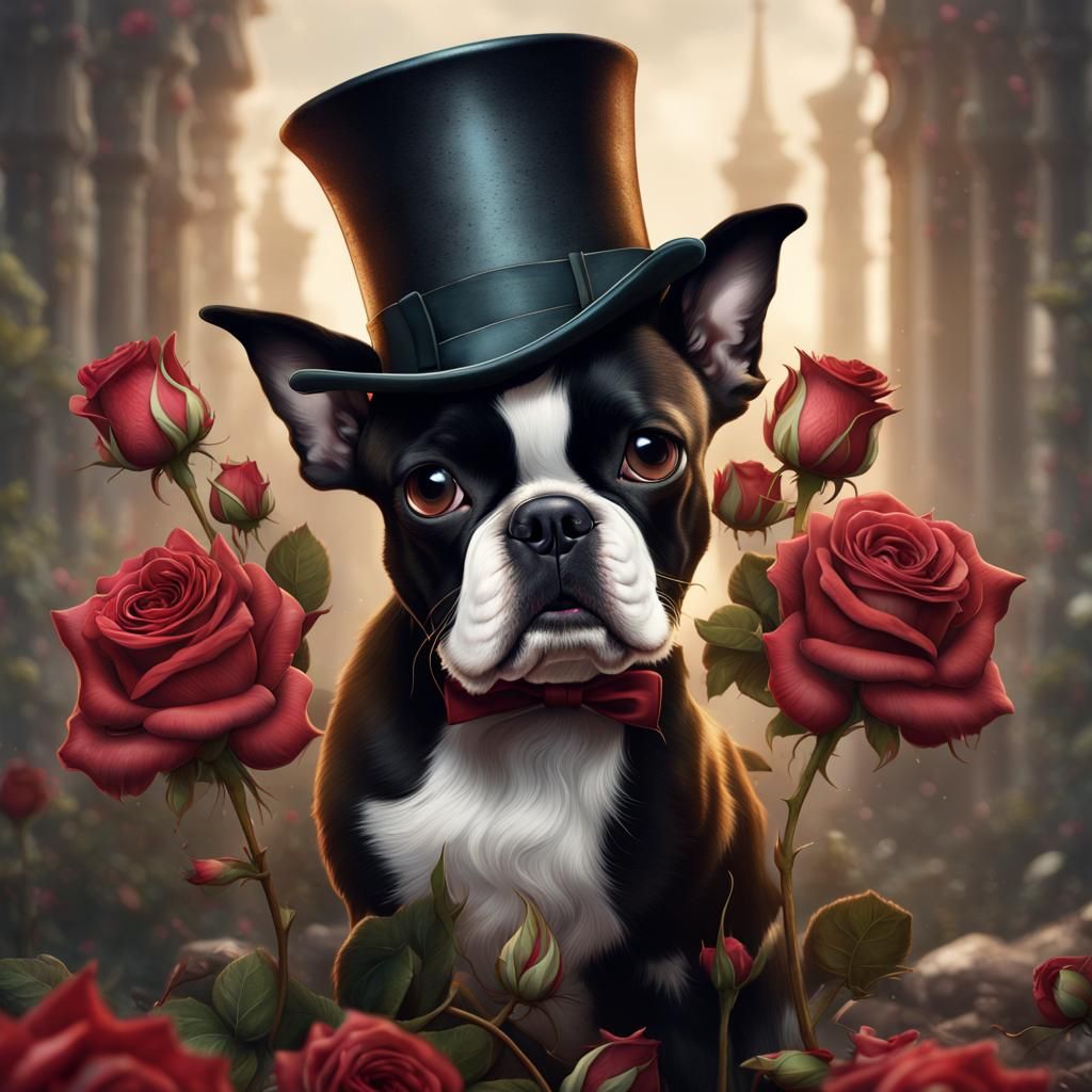 Boston Terrier in Top Hat with Roses
