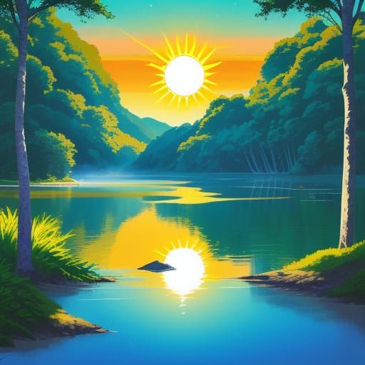 Sunny Lake Scene in Vibrant Comic Book Style