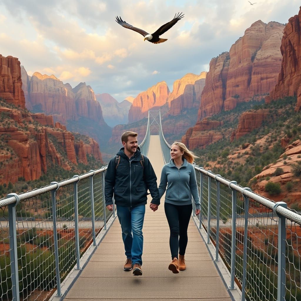 Couple on Zion Bridge with Eagle, Romantic Landscape