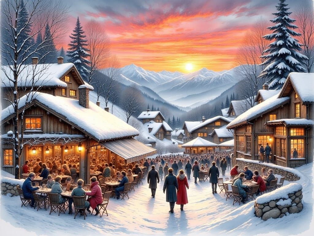 French Alps Ski Resort Terrace at Sunset in Ink Style