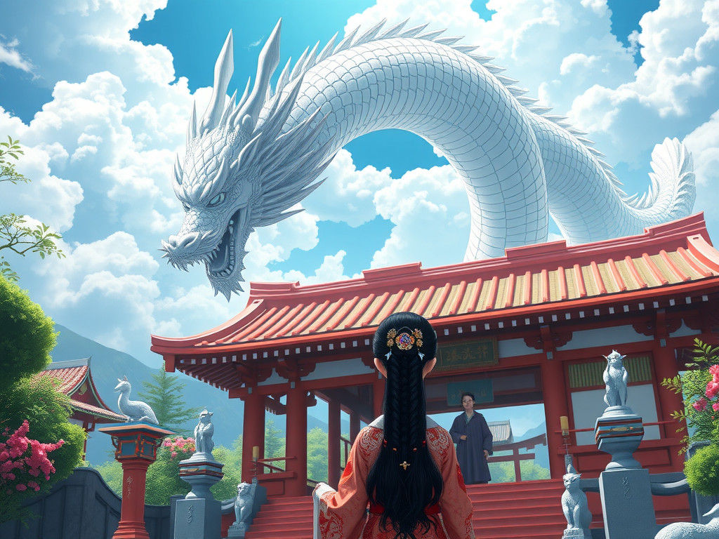 Shrine Maiden and Cloud Dragon at Shrine