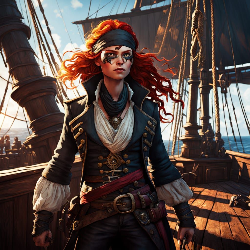 Swashbuckling Pirate Maiden Commands Crew in Golden Hour