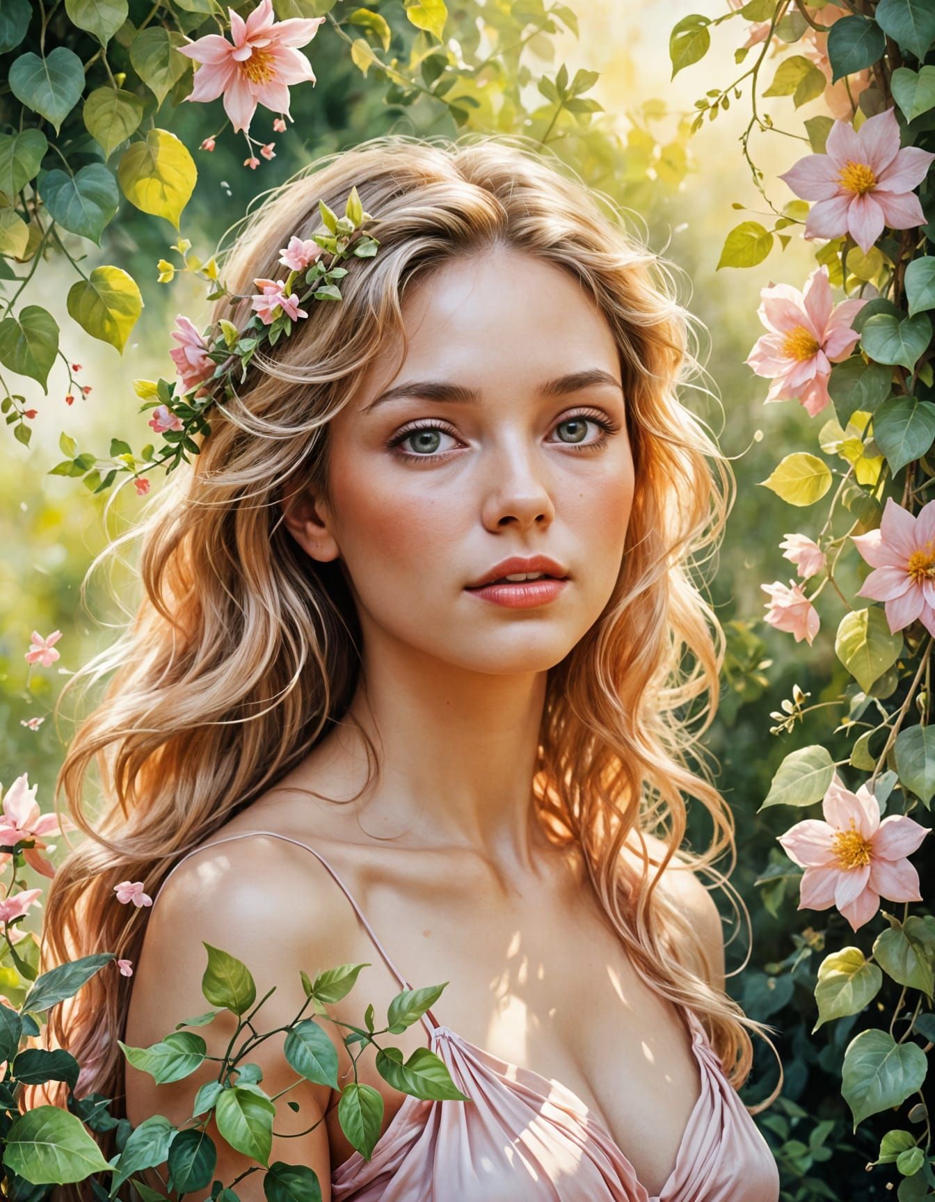 Woman Transforms to Flowers in Dreamlike Oil Painting