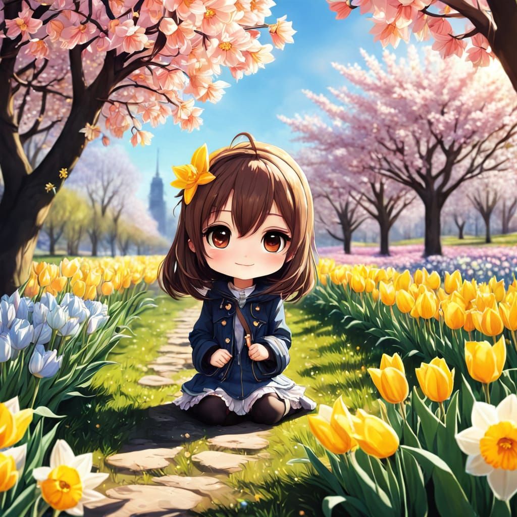 Chibi Dawn Garden Scene in Vibrant Anime Style