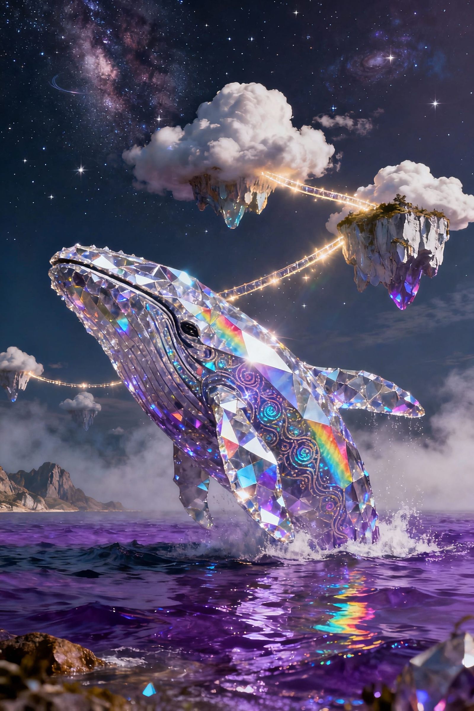 Crystal Whale Breaching in Amethyst Sea