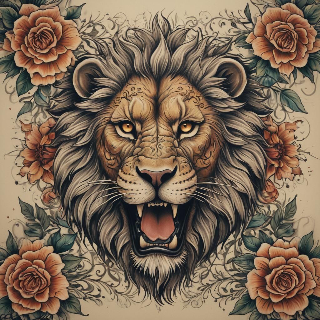 Lion Head Tattoo with Flowers and Filigree