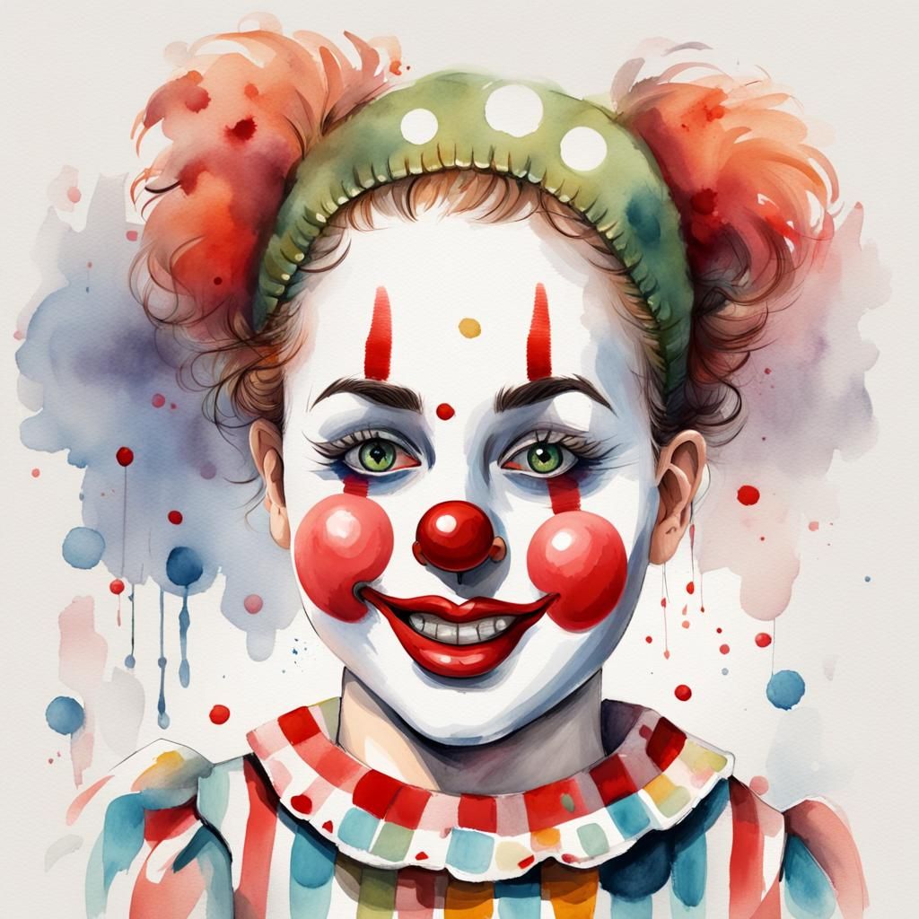 Charming Clown Girl Portrait in Gouache and Watercolor