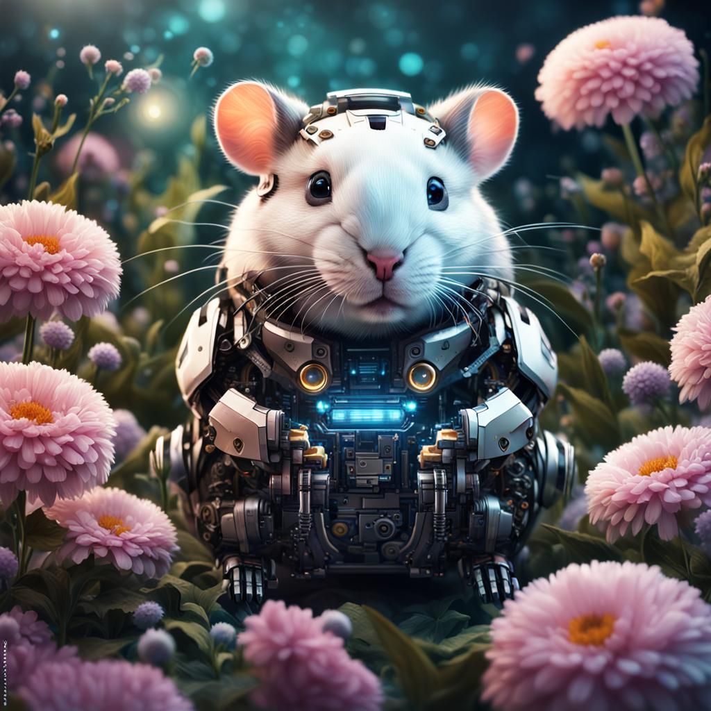 Robotic Hamster with Cybernetic Implants in Flowers