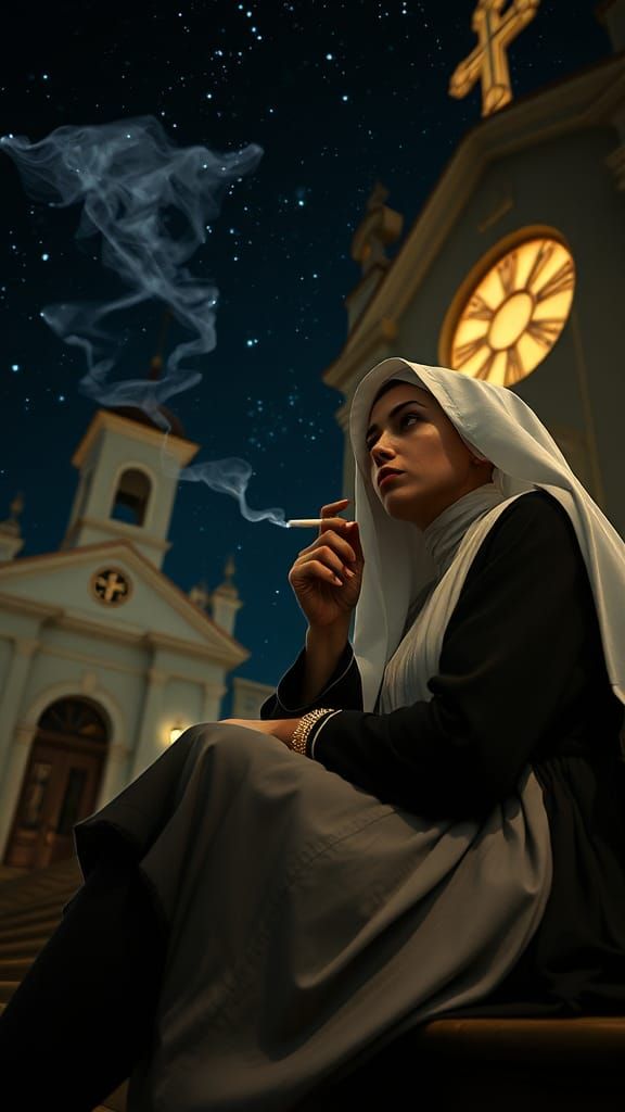Hyperrealistic Nun Smoking at Night, Close-Up
