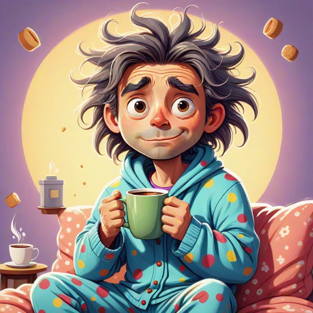 Cartoon Character's Humorous Morning Coffee Awakening