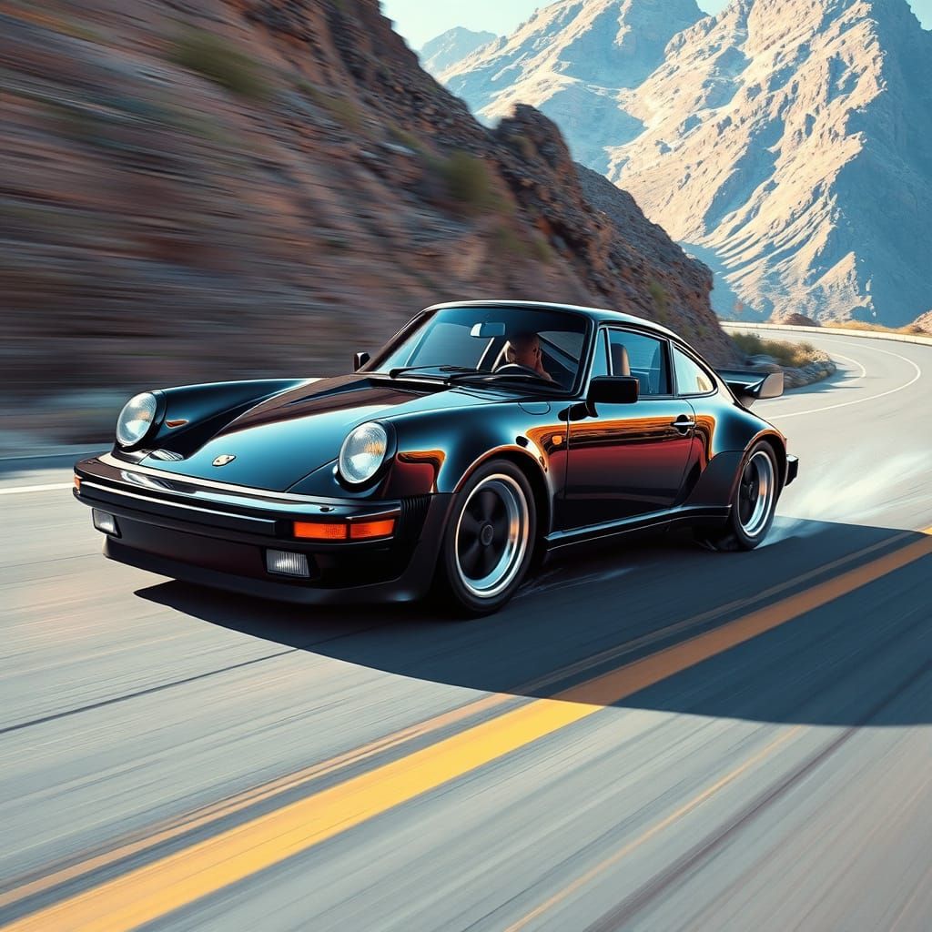Speeding Black Sports Car on a Winding Mountain Road